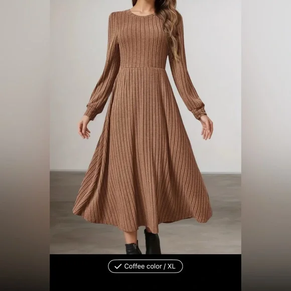 Elegant Brown Ribbed Knit Dress - Picture 1 of 7